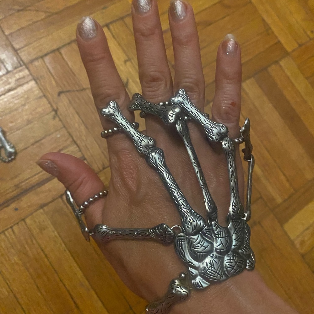 Set Silver Skeleton Hand Bracelet pair